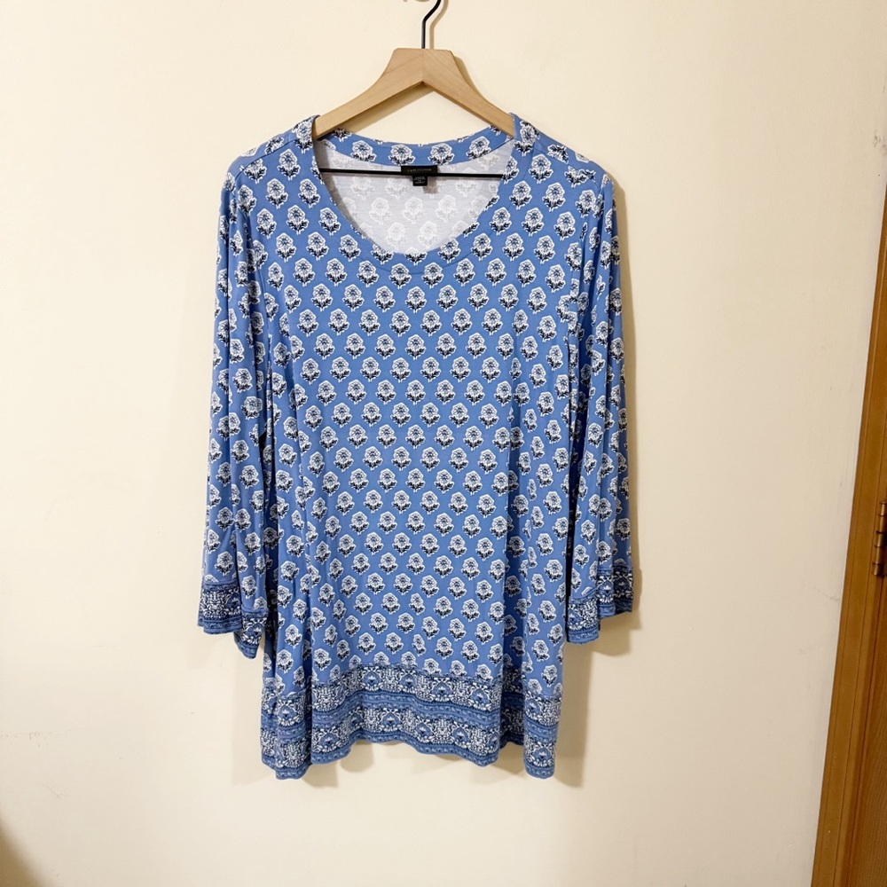 J Jill Wearever Collection Womens Blue Floral Long Sleeve Blouse Size 2X